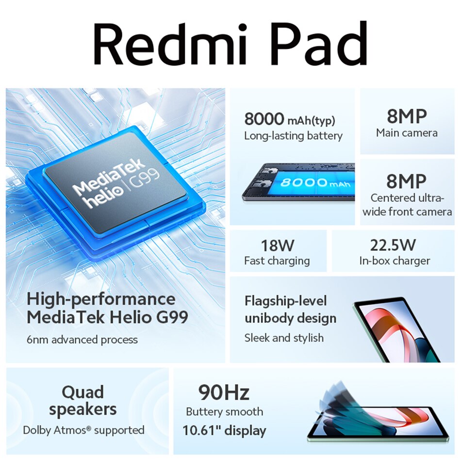 New Xiaomi Redmi Pad Tablet PC Android 12 Helio G99 Octa Core 10.6 Inch  Screen